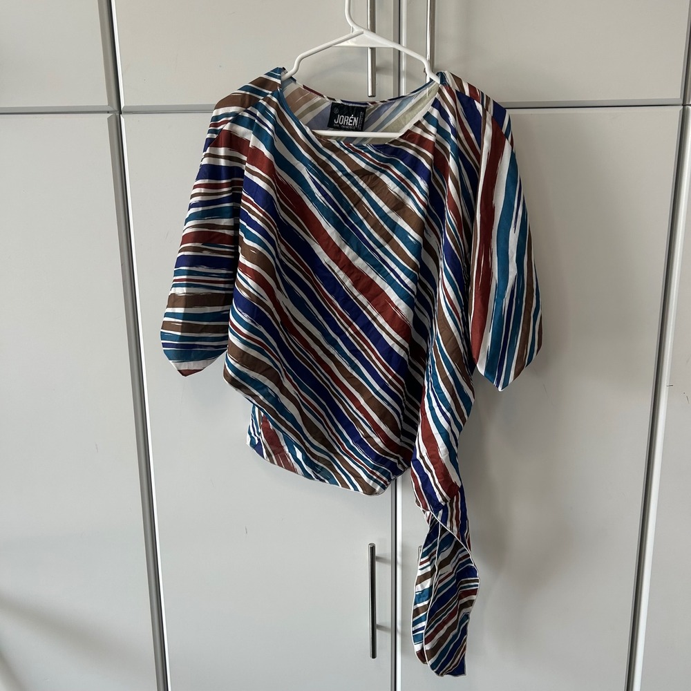 Vintage Joren San Francisco Asymmetrical Striped Tie Side Blouse Blue‎ Brown 12